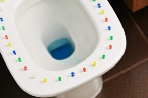 Toilet with thumbtacks representing fistula, hemorrhoids in IBD patients