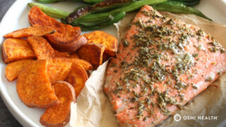 Herbed Salmon with Sweet Potatoes and Green Beans