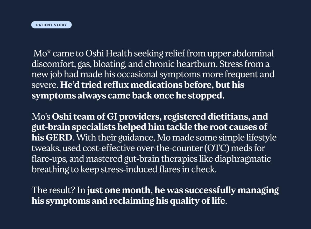 Mo* came to Oshi Health seeking relief from upper abdominal discomfort, gas, bloating, and chronic heartburn. Stress from a new job had made his occasional symptoms more frequent and severe. He had tried reflux medications before, but his symptoms always came back once he stopped. Mo’s Oshi team of GI providers, registered dietitians, and gut-brain specialists helped him tackle the root causes of his GERD. With their guidance, Mo made some simple lifestyle tweaks, used cost-effective over-the-counter (OTC) meds for flare-ups, and mastered gut-brain therapies like diaphragmatic breathing to keep stress-induced flares in check. The result? In just one month, he was successfully managing his symptoms and reclaiming his quality of life.