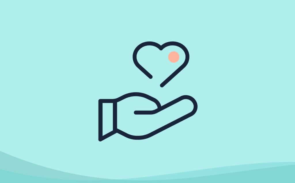 care philosophy icon, hand with heart floating above