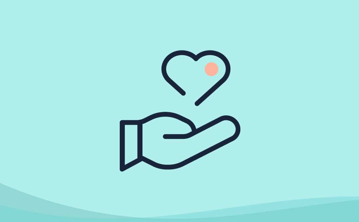 care philosophy icon, hand with heart floating above