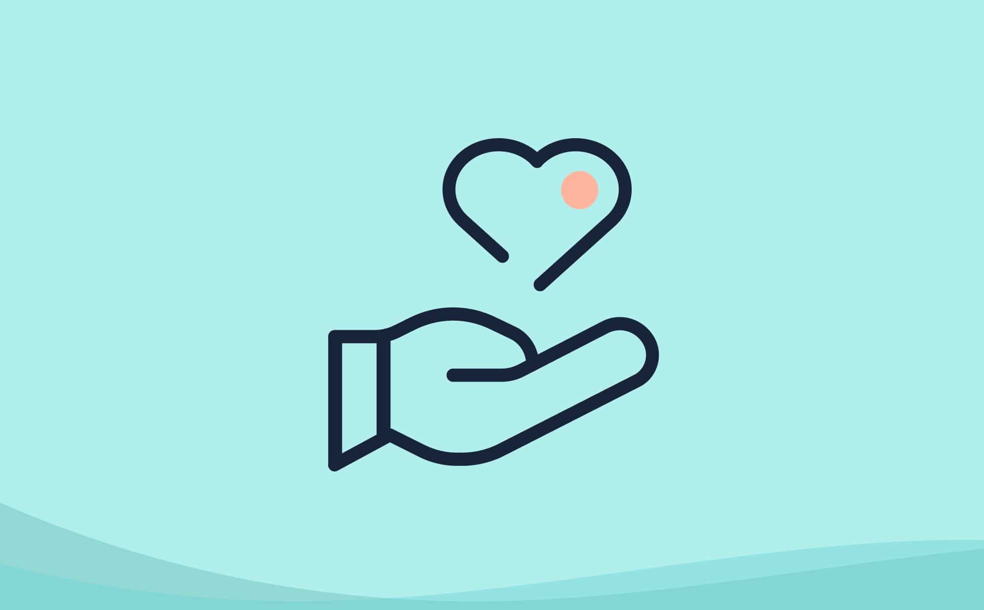 care philosophy icon, hand with heart floating above