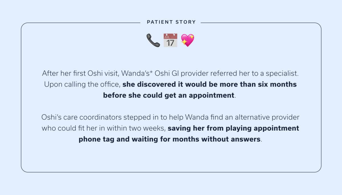 PATIENT STORY: After her first Oshi visit, Wanda’s* Oshi GI provider referred her to a specialist. Upon calling the office, she discovered it would be more than six months before she could get an appointment. Oshi’s care coordinators stepped in to help Wanda find an alternative provider who could fit her in within two weeks, saving her from playing appointment phone tag and waiting for months without answers.