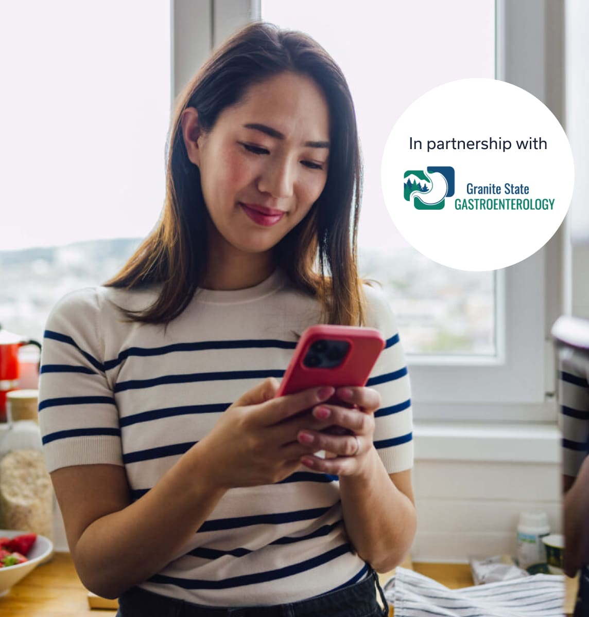 women booking virtual appointment with granite gastro logo in a circle