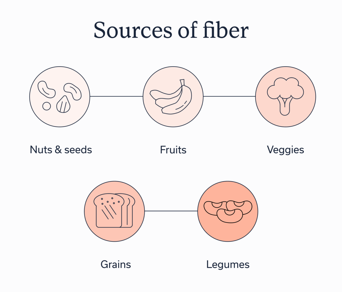 Good sources of fiber include nuts and seeds, fruits, veggies, grains, and legumes.