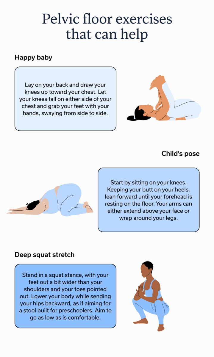 Pelvic floor exercises that can help relieve symptoms, including happy baby, child's pose, and a deep squat stretch.