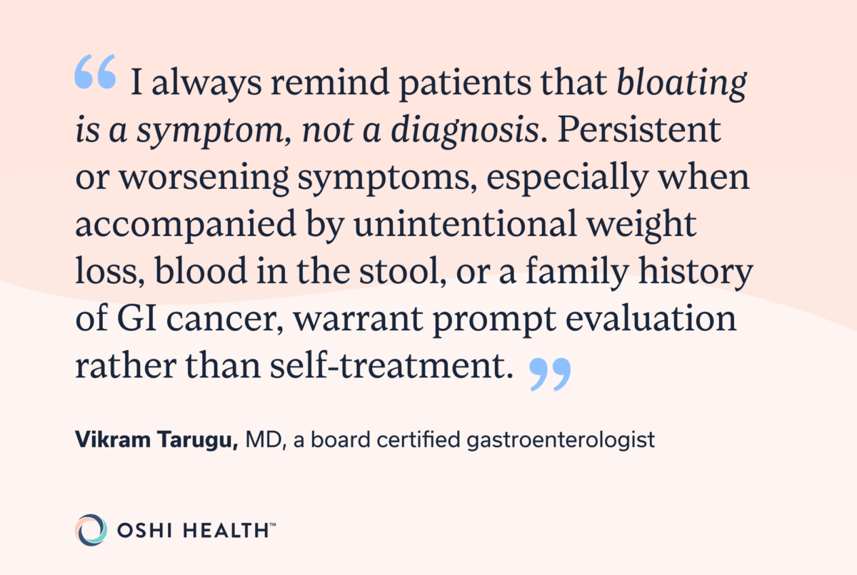 Medical quote that mentions how bloating is a symptom, not a diagnosis.