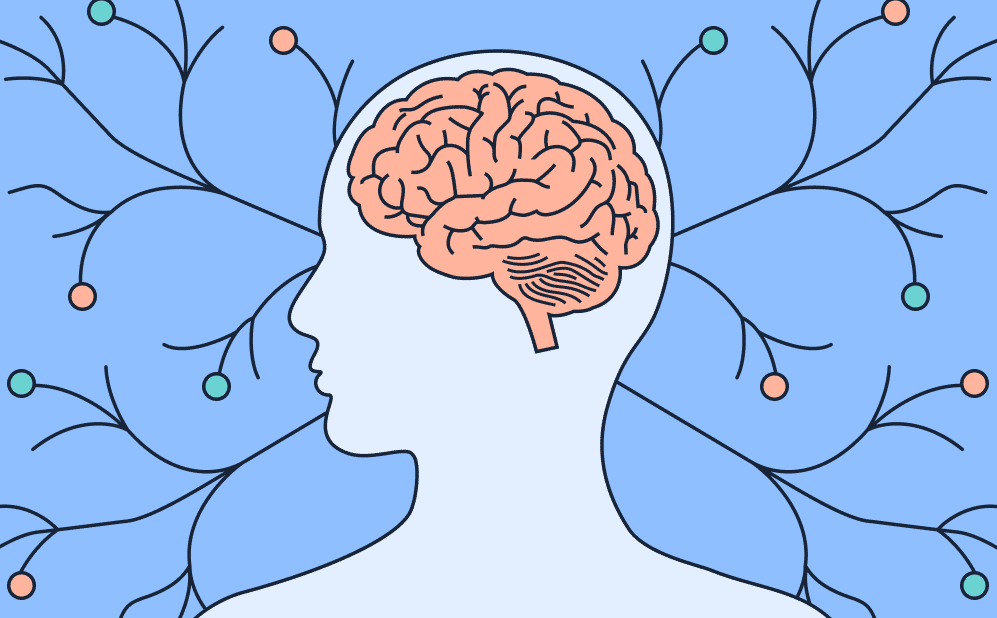 Illustration of a human head in profile with a highlighted brain. Branching nerve-like pathways radiate outward from the head, representing the vagus nerve's connections throughout the body.