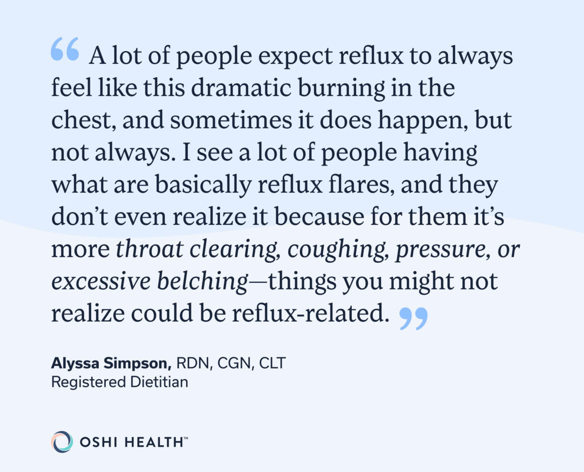 Quote graphic explaining that acid reflux does not always cause classic heartburn and may instead present as throat clearing, coughing, chest pressure, or excessive belching.