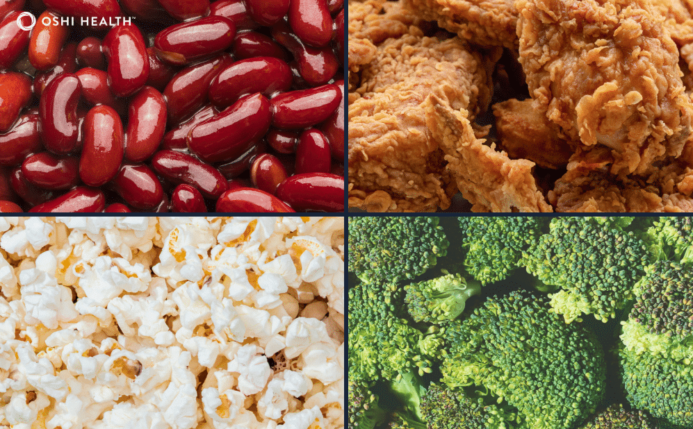 Four foods that may be challenging during a diverticulitis flare: kidney beans, fried chicken, popcorn, and broccoli.