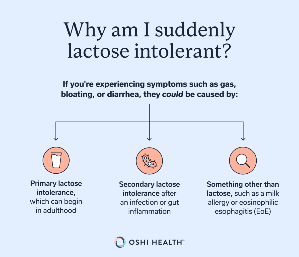 Graphic explaining three possible causes of symptoms such as gas, bloating, or diarrhea: primary lactose intolerance, secondary lactose intolerance after an infection or gut inflammation, and conditions other than lactose intolerance, such as a milk allergy or eosinophilic esophagitis (EoE).