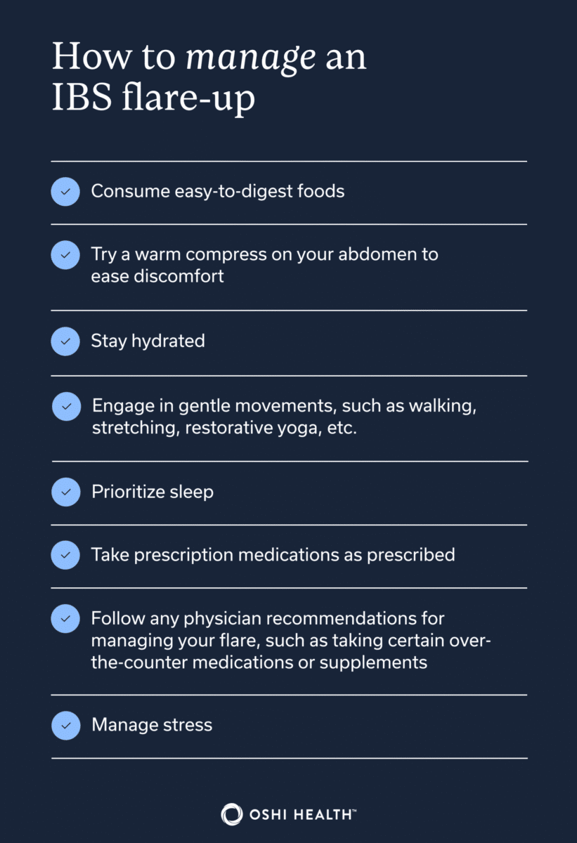 Graphic titled “How to manage an IBS flare-up” listing strategies including eating easy-to-digest foods, using a warm compress for abdominal discomfort, staying hydrated, engaging in gentle movement, prioritizing sleep, taking prescribed medications, following physician recommendations, and managing stress.