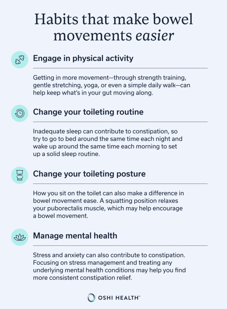 Graphic outline four habits that may make bowel movements easier: physical activity, a consistent toileting routine, a squatting toileting posture, and managing stress and mental health.