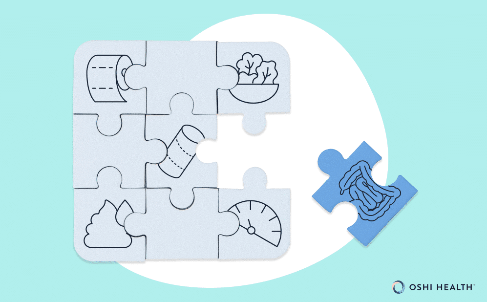 Illustration of interlocking puzzle pieces representing factors related to Crohn’s disease, including digestion, diet, bowel movements, and gut health.
