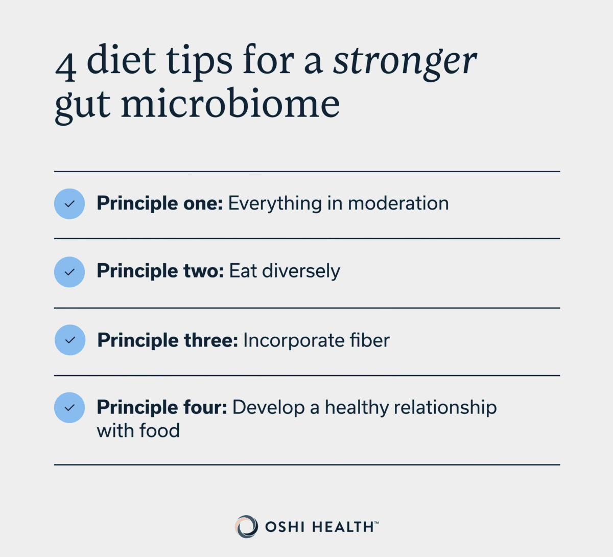 Graphic listing four diet principles for a stronger gut microbiome: everything in moderation, eat diversely, incorporate fiber, and develop a healthy relationship with food.