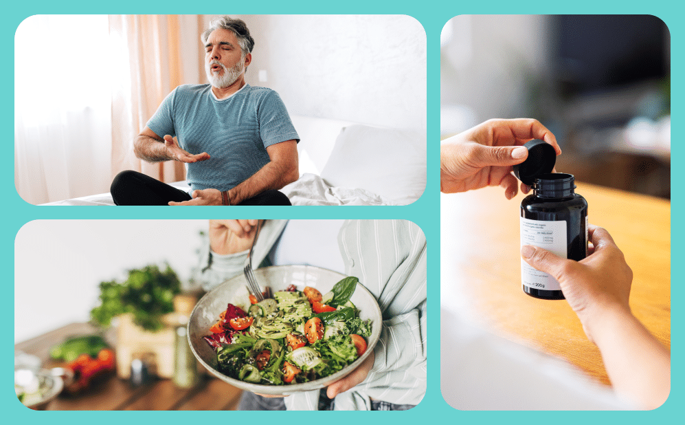 A three-image collage illustrating approaches to managing IBS, including a man doing breath work exercises, a bowl of fresh vegetables, and a person taking medication.
