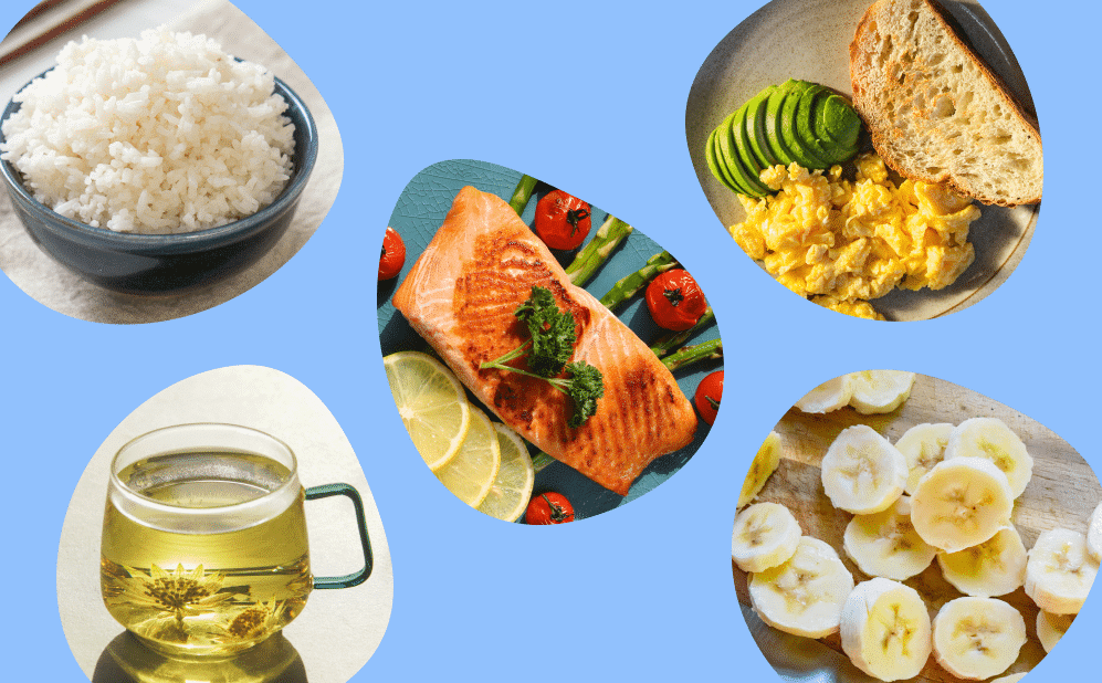 Photos of rice, salmon, eggs with avocado and toast, herbal tea, and bananas
